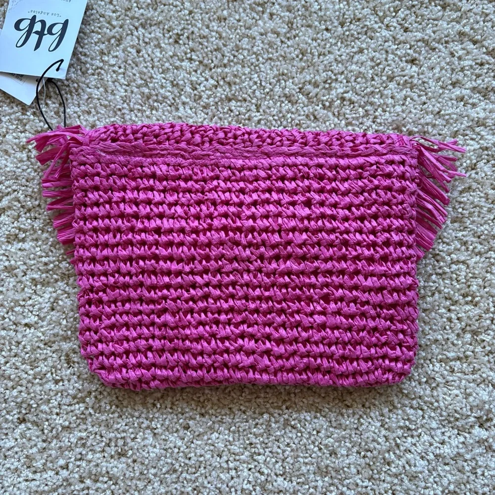 BTB Los Angeles Women's Pink Straw‎ Riley Fringe Clutch Purse Bag